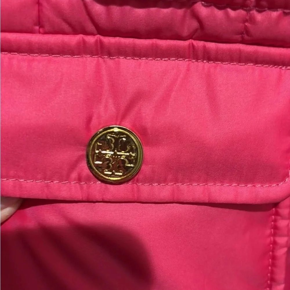 TORY BURCH Pink Quilted Puffer Sleeveless Jacket Vest  Gold LOGO Snap Buttons XL